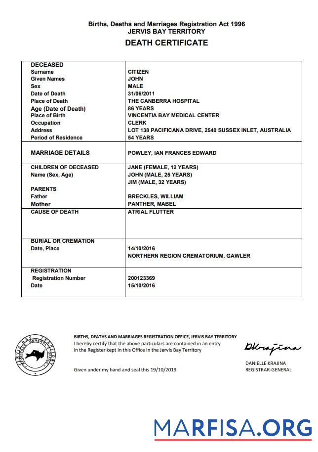 Downloadable Australia Jervis Bay Territory death certificate template in Word format